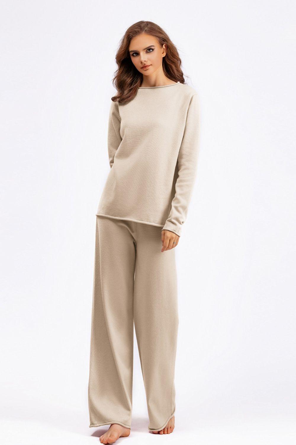 Basic Bae Outfit Sweater Set Rolled Edges Round Neck Long Sleeve Top Pants