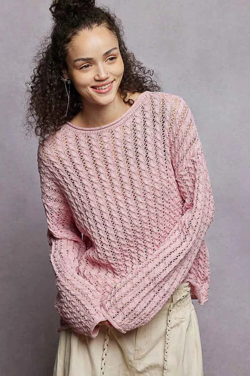 POL Knit Top Openwork Soft Pink Sweater Round Neck with Shiny Detail SOFT PINK cd76ebf8-bb2a-4b3d-94fa-8d647aef0df6-Max-Origin Trendsi