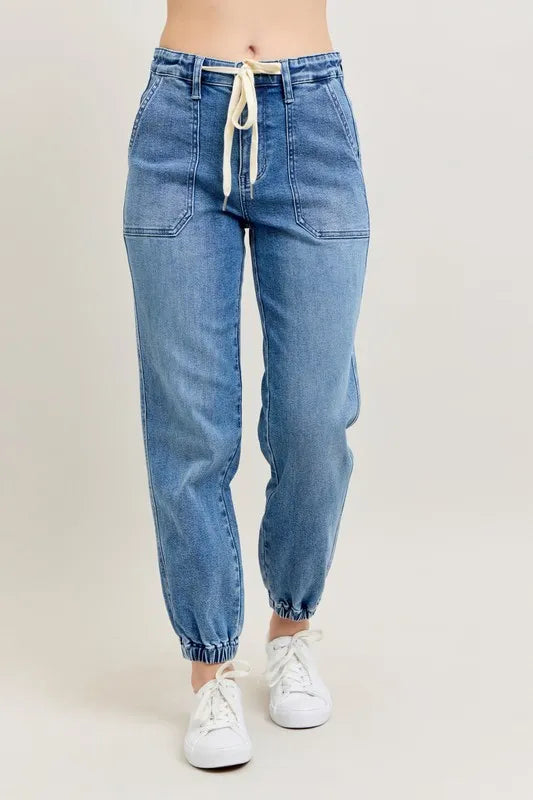 Judy Blue Denim Jogger Pants High Waist Drawstring Medium Wash cd7e1a7c86f8484bbb91f60ddc22fda1-Max-Origin Trendsi