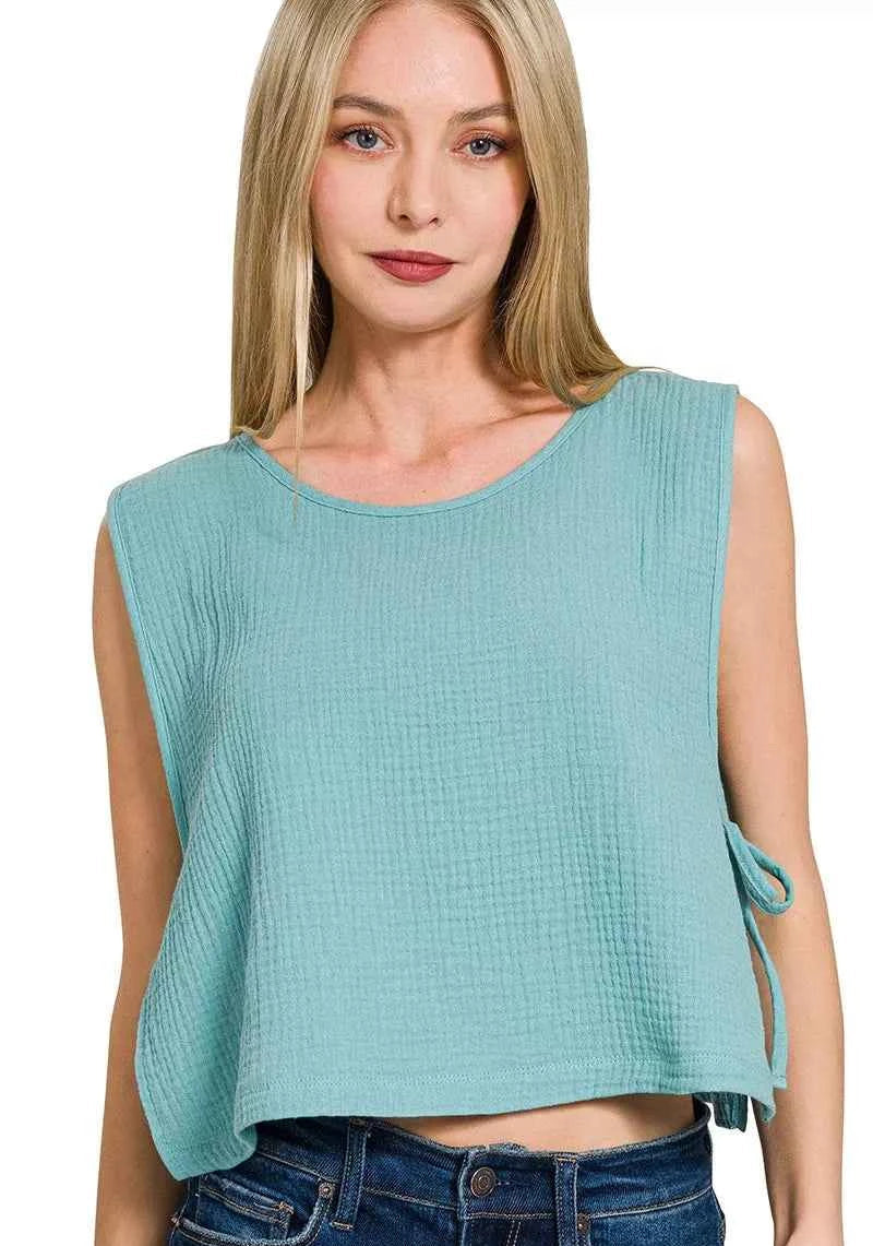 Zenana Blouse Dusty Teal Double Gauze Side Tie Sleeveless Top DUSTY TEAL cd8537abc5d84a52a095346c6198421e-Max-Origin Trendsi