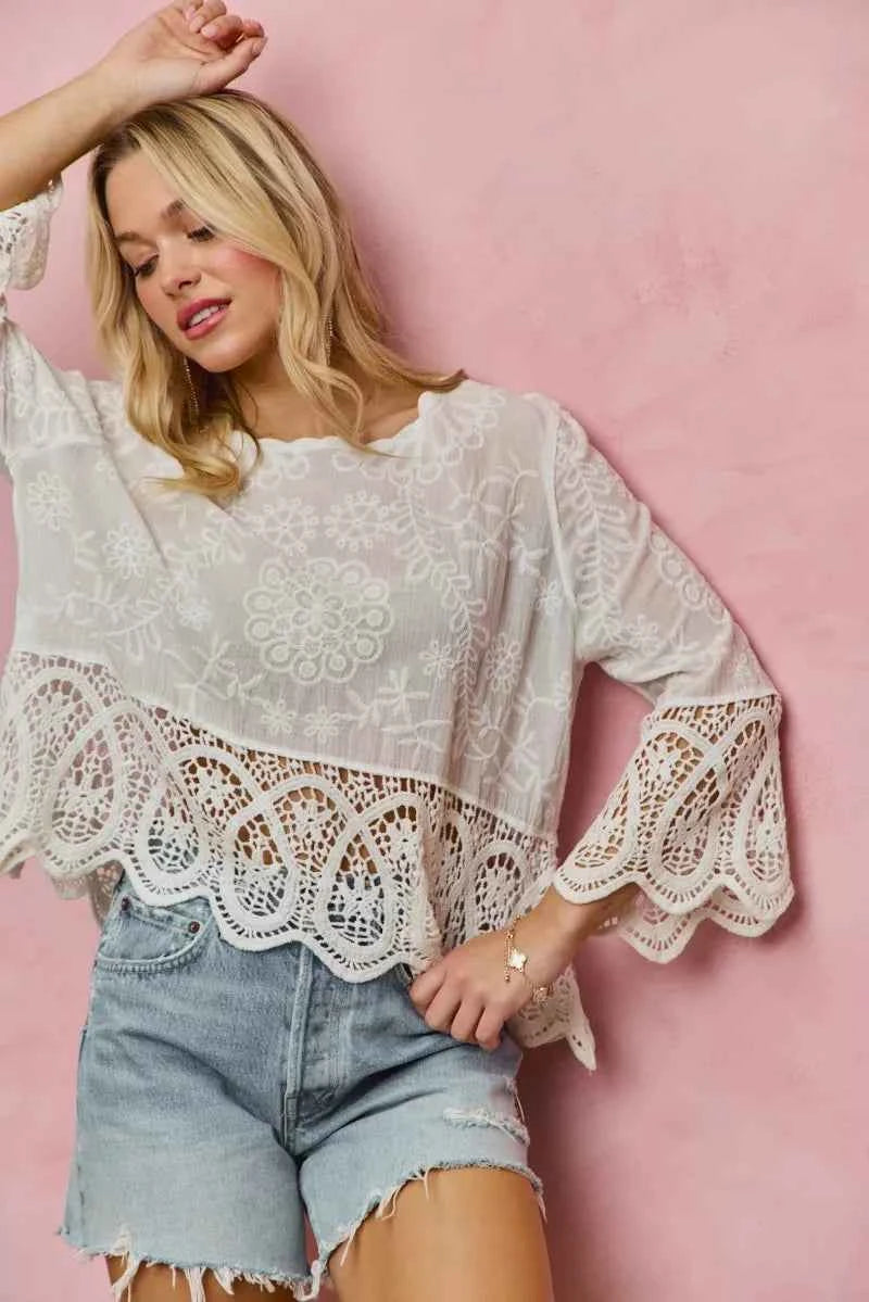 SO ME Floral Embroidered Crochet Lace Trimmed Top