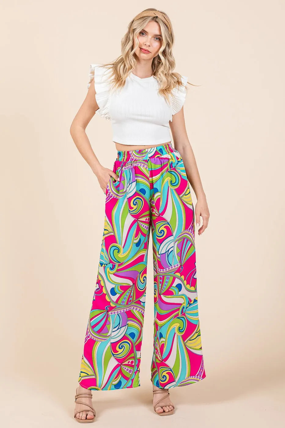 Mittoshop Wide Leg Pants Colorful Fuchsia Abstract Print Elastic Waist