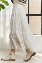 ADORA Midi Skirt White Chrochet Eyelet Elastic Waistband Tiered cd948876-3500-4a61-857a-19bc61e1eff8-Max-Origin Trendsi