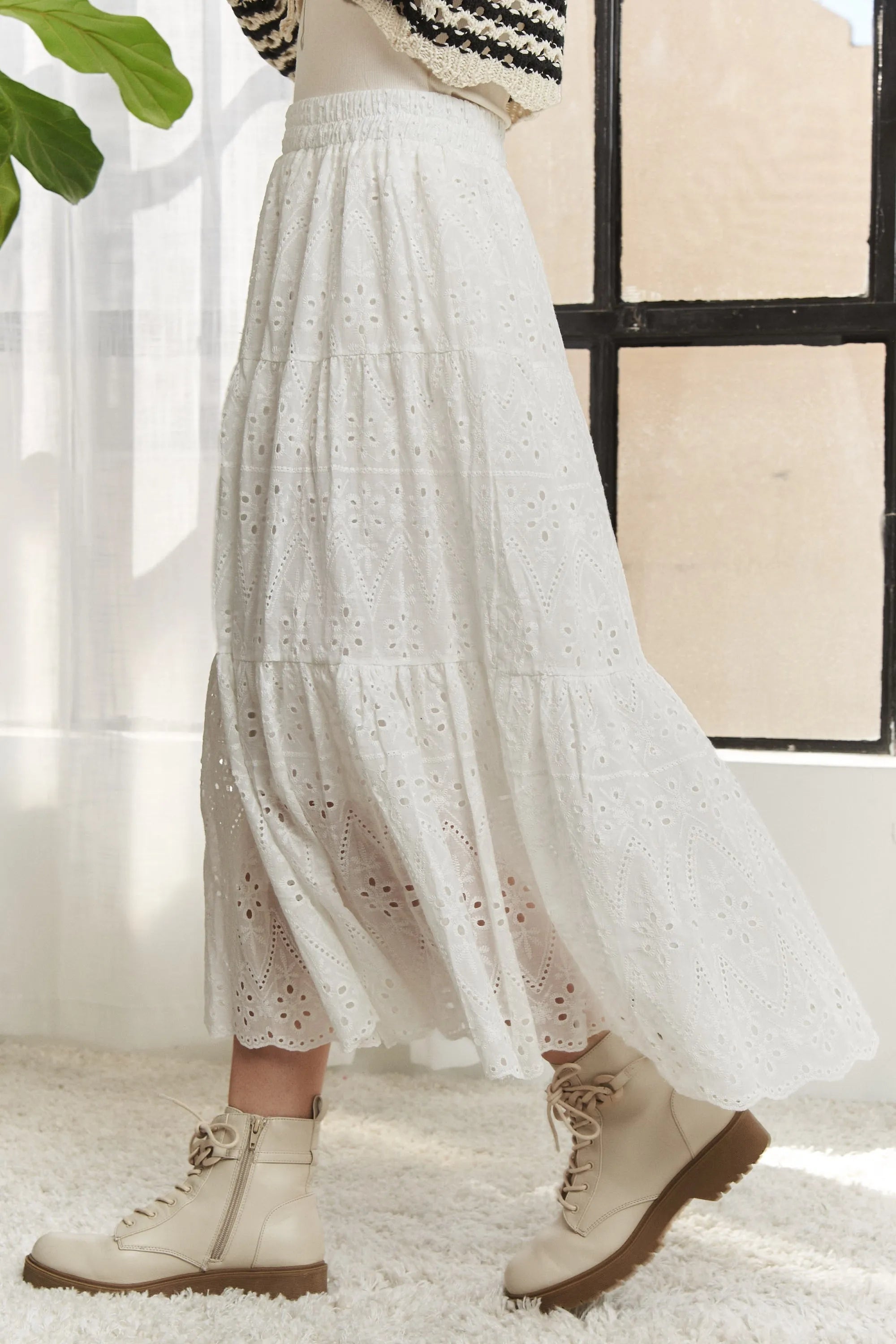 ADORA Midi Skirt White Chrochet Eyelet Elastic Waistband Tiered cd948876-3500-4a61-857a-19bc61e1eff8-Max-Origin Trendsi