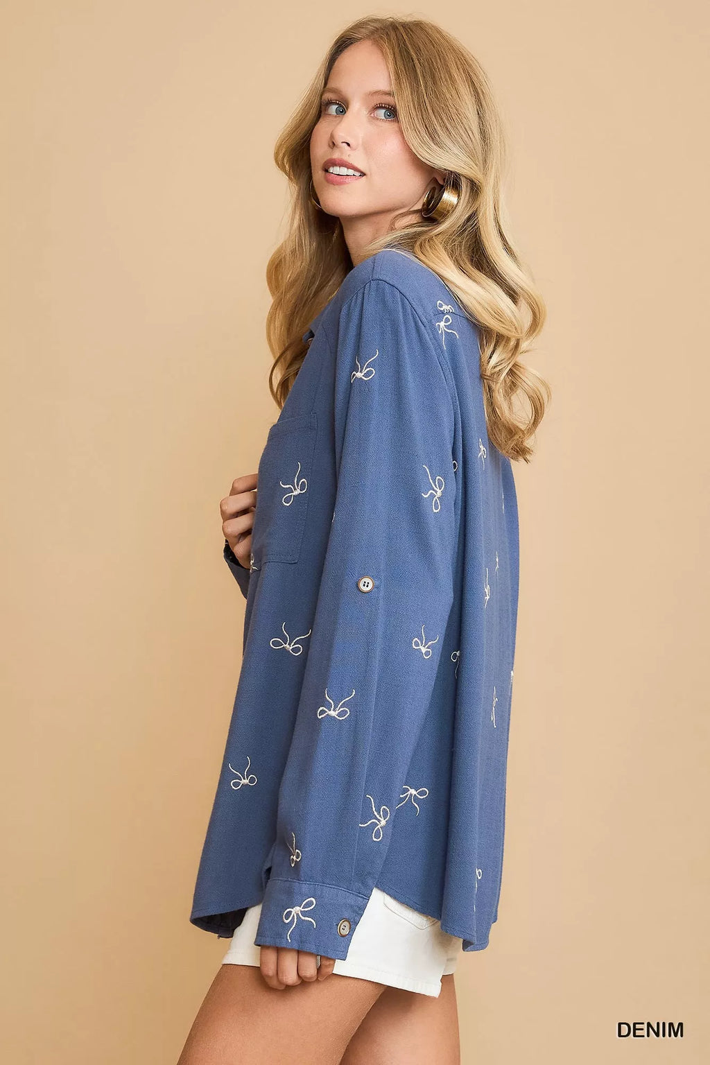 Umgee Shirt Linen Blend Fitted with Ribbon Embroidery Denim Blue Top cdaf081b-ea6a-4cdb-bee1-83646908444d-Max-Origin Trendsi