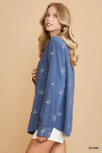 Umgee Shirt Linen Blend Fitted with Ribbon Embroidery Denim Blue Top cdaf081b-ea6a-4cdb-bee1-83646908444d-Max-Origin Trendsi