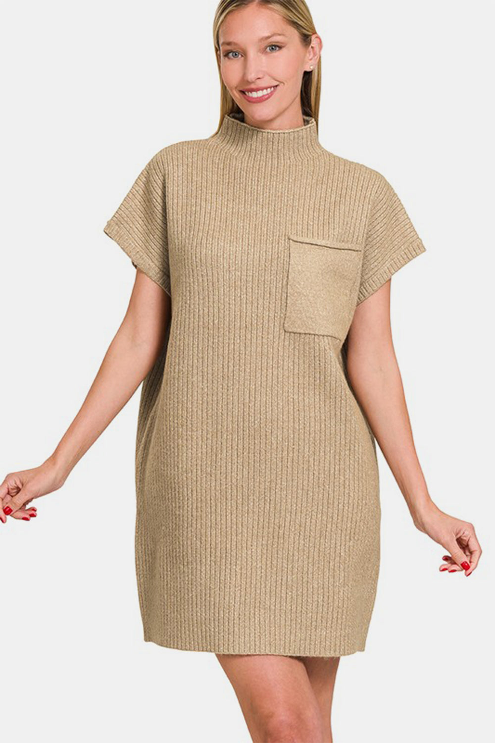 Zenana Sweater Mini Dress Knit Short Sleeve Camel High Neck Patch Pocket