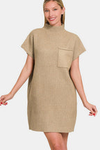 Zenana Sweater Mini Dress Knit Short Sleeve Camel High Neck Patch Pocket cdba4f8e-7afd-489f-b635-c0f12b963e6a-Max Trendsi