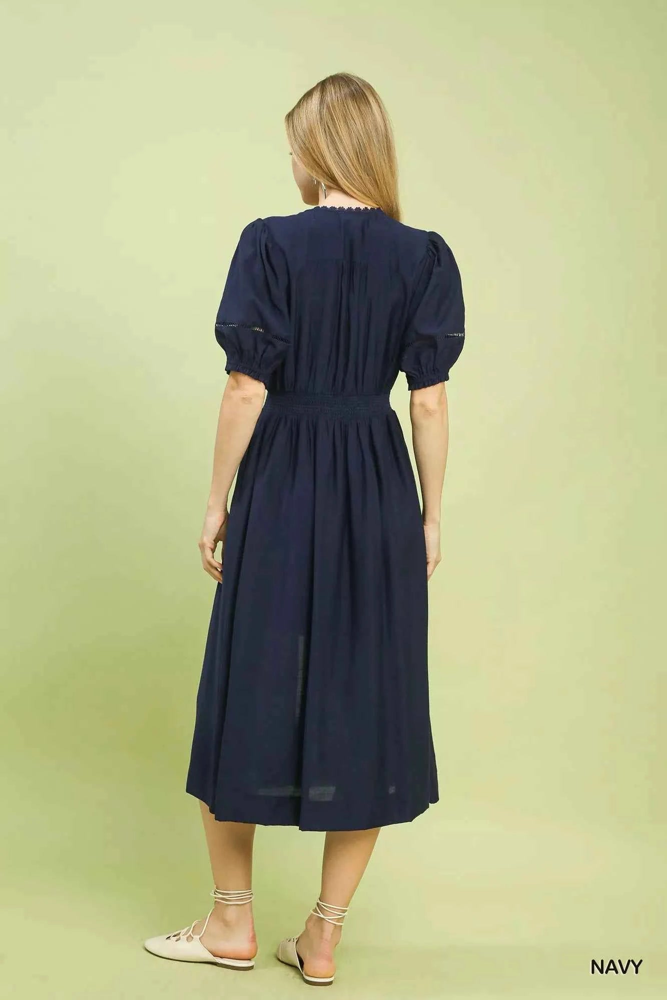 Umgee Midi Dress Navy Blue Zip-Front Smocked Waist Short Puff Sleeve cdc0605e-2d5c-4b33-86c8-e76a308f3c54-Max-Origin Trendsi