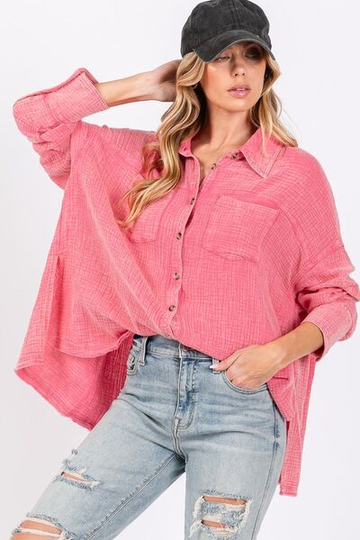 SAGE + FIG Cotton Shirt Pink Frayed Hem Side Slit Button Down Oversized Top cdc15d6d-e453-443d-96e0-c1236a71f3cf-Min Trendsi