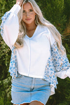 Women Blouse White Floral Blue High-Low V-Neck Long Sleeve Cotton Blend Top cdc1e7cc-c1ab-4e61-bfe2-886641727618-Max Trendsi