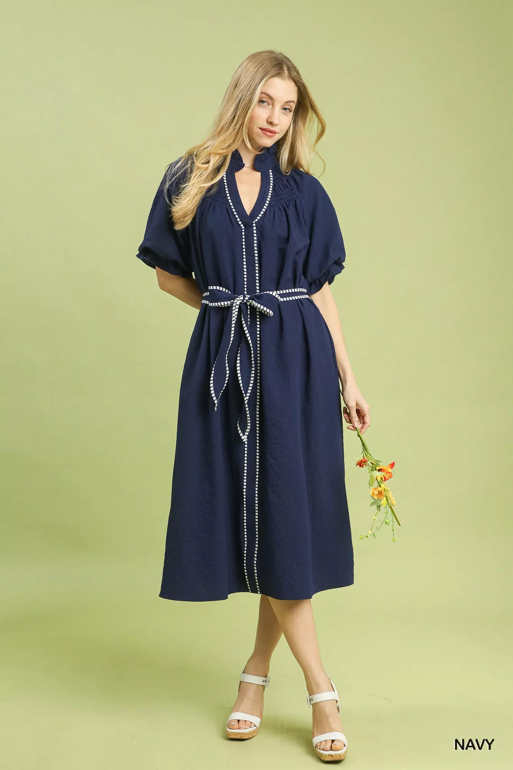 Umgee Midi Dress Navy Ruffle Collar with Stripe Trim Puff Short Sleeve cdd61493-4a8d-47bf-acc6-ac01f12cda06-Max-Origin Trendsi