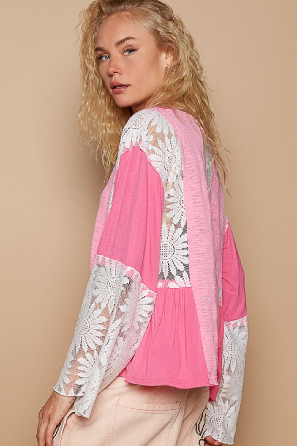 POL Blouse Pink Floral Lace Detail V-Neck Flare Long Sleeve Ruffle Top