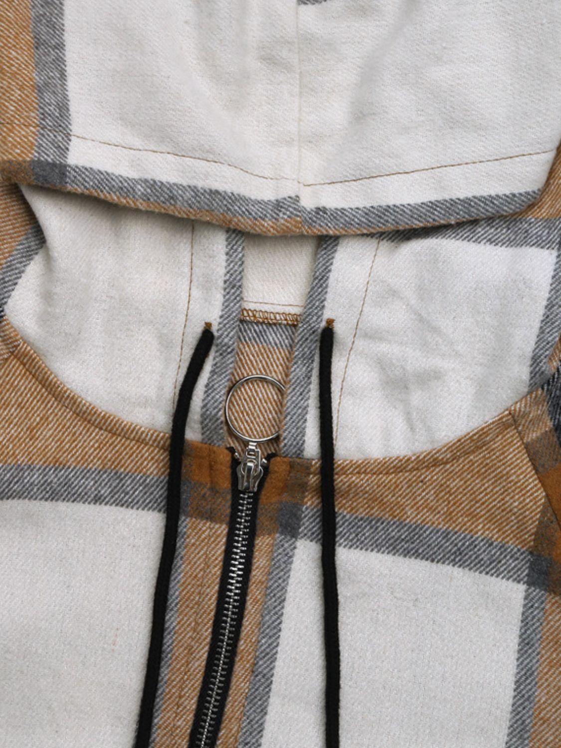 Hooded Plaid Coat Drawstring Hood Zip Up Long Sleeve Outerwear cdea4818-eeb4-43ef-8998-2f4b9af3bef9-Max Trendsi