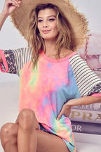 BiBi Tie Dye Woemens Blouse French Terry Top With Stripe Raglan Short Sleeve cdeabad41f9c4d17b982c71d9862c1ce-Max-Origin Trendsi