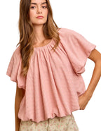 BiBi Stripes Textured Shirred Neckline Bubble Hem Top Women’s Casual Blouse