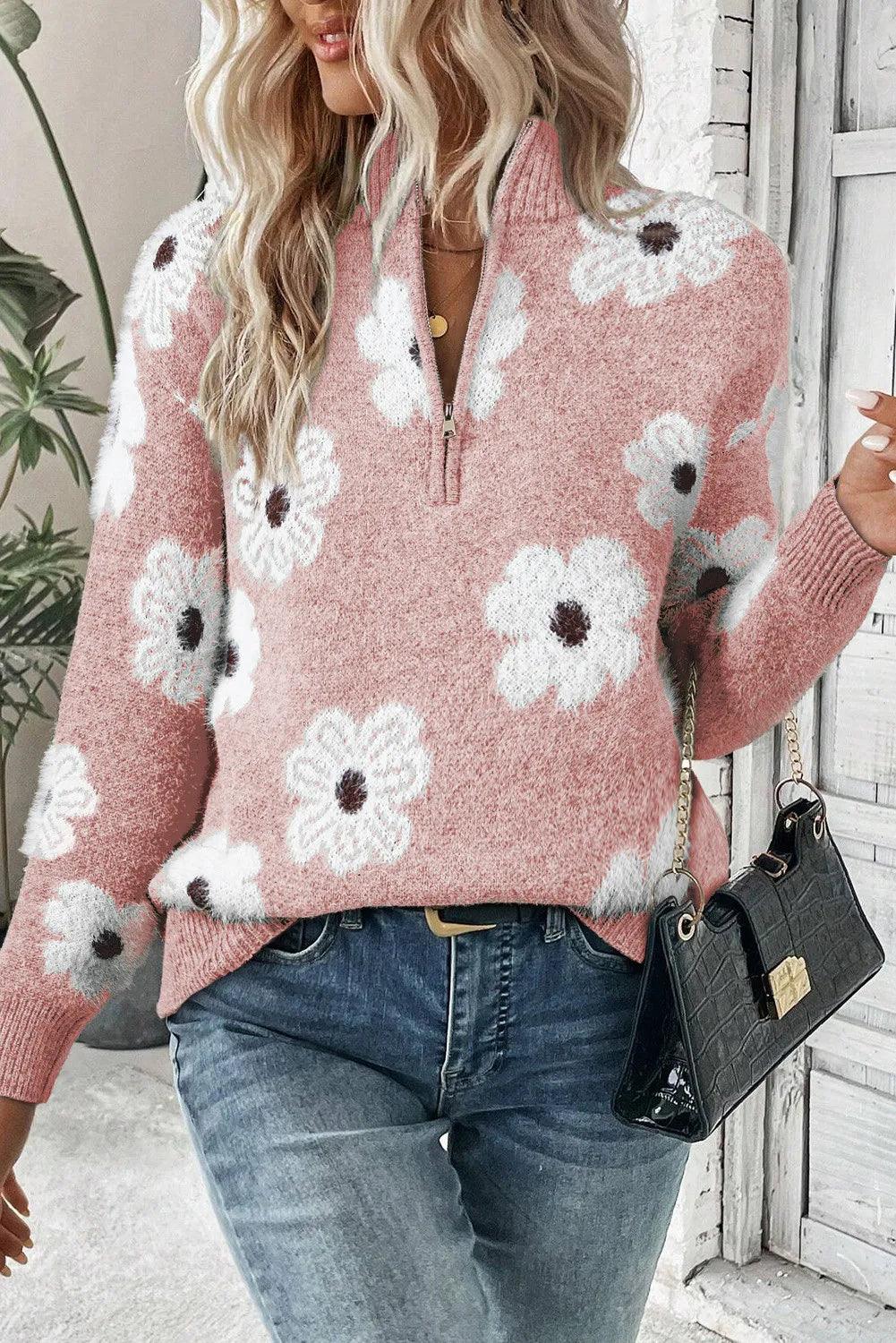 Sweater Flower Turtleneck Half Zip Long Sleeve Knitwear Blush Pink cdfa486e-7f39-4490-9bd1-412896e2c6c0-Max Trendsi