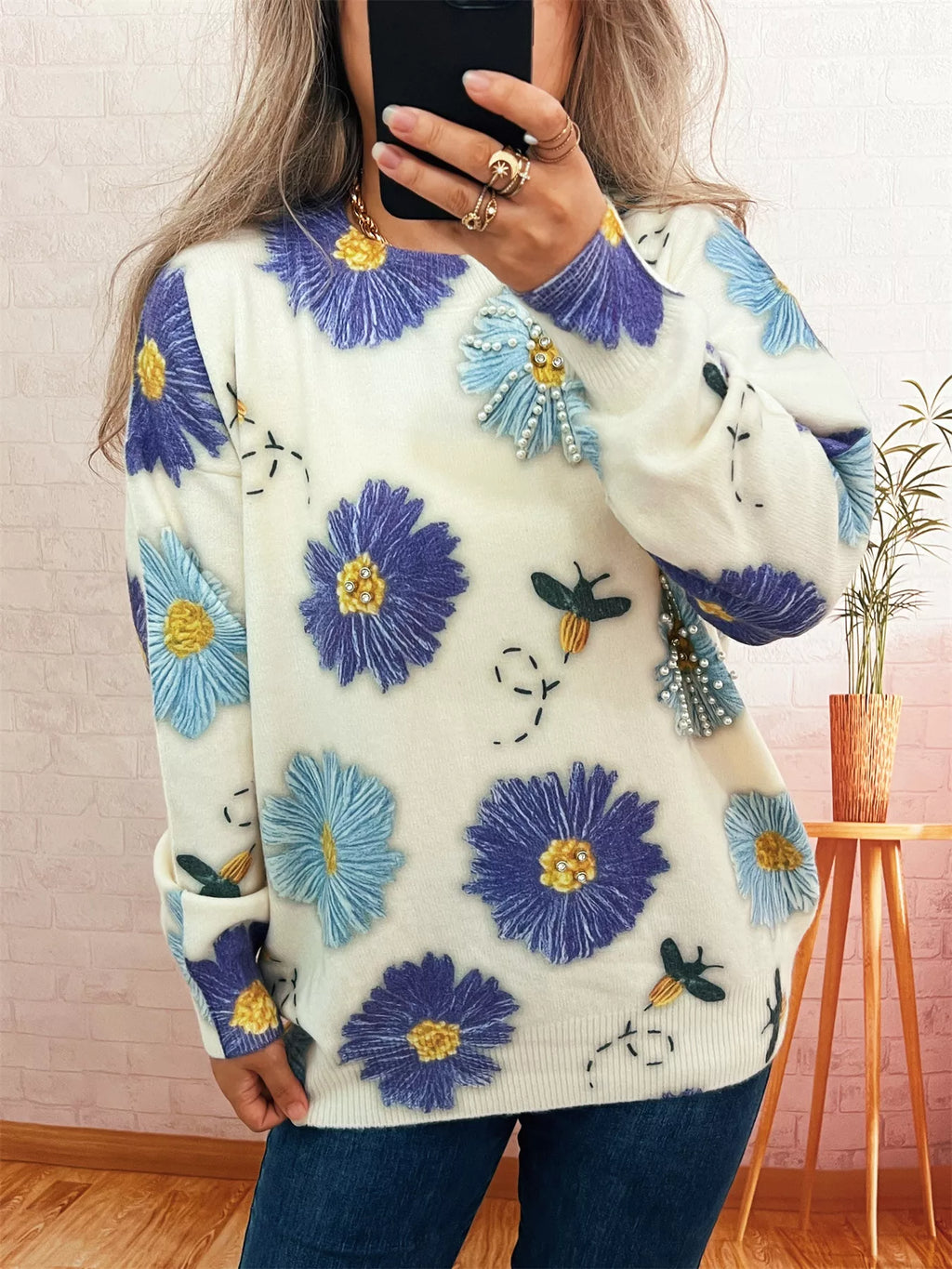 Women's Sweater Pearl Detail Flower Embroidered Round Neck Knit Pullover Blue One Size ce00dcecdad3487b83f4ac30c9109990-Max-Origin Trendsi