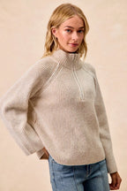 BiBi Womens Knit Top Taupe Two Tone Rib Texured with Zip Up Collared Sweater ce0a7dfcec4f4d39a9130385f7b1b579-Max-Origin Trendsi