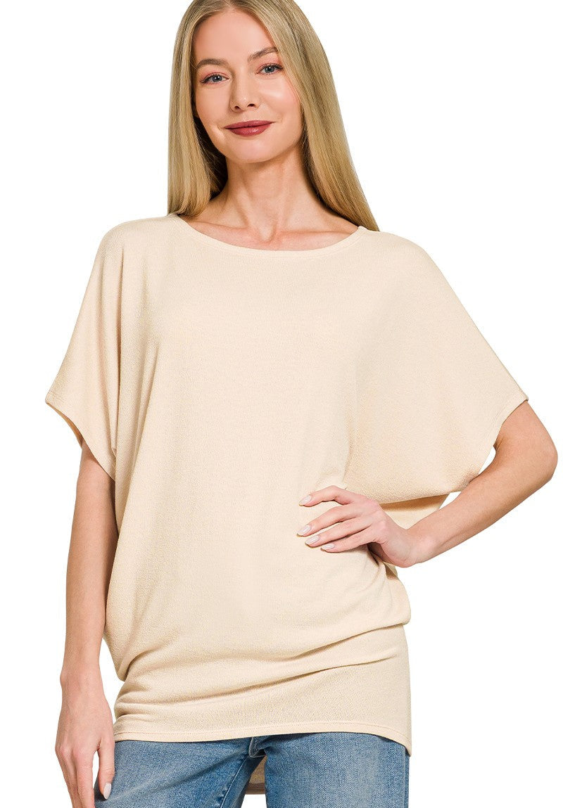 Zenana Women's Hacci Fabric Dolman Sleeve Boat Neck Top