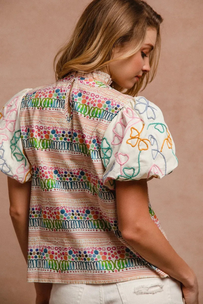 BiBi Blouse Multicolor Ruffle Neckline With Embroidery Bubble Short Sleeve Top ce18607268134227b1fb4bb5b38fc5fb-Max-Origin Trendsi