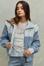 SO ME Women Jacket Faux Fur Sherpa Blue Pull with Floral Ruffle Contrast Zipper ce3147ee4d954c77b699944181a08652-Max-Origin Trendsi