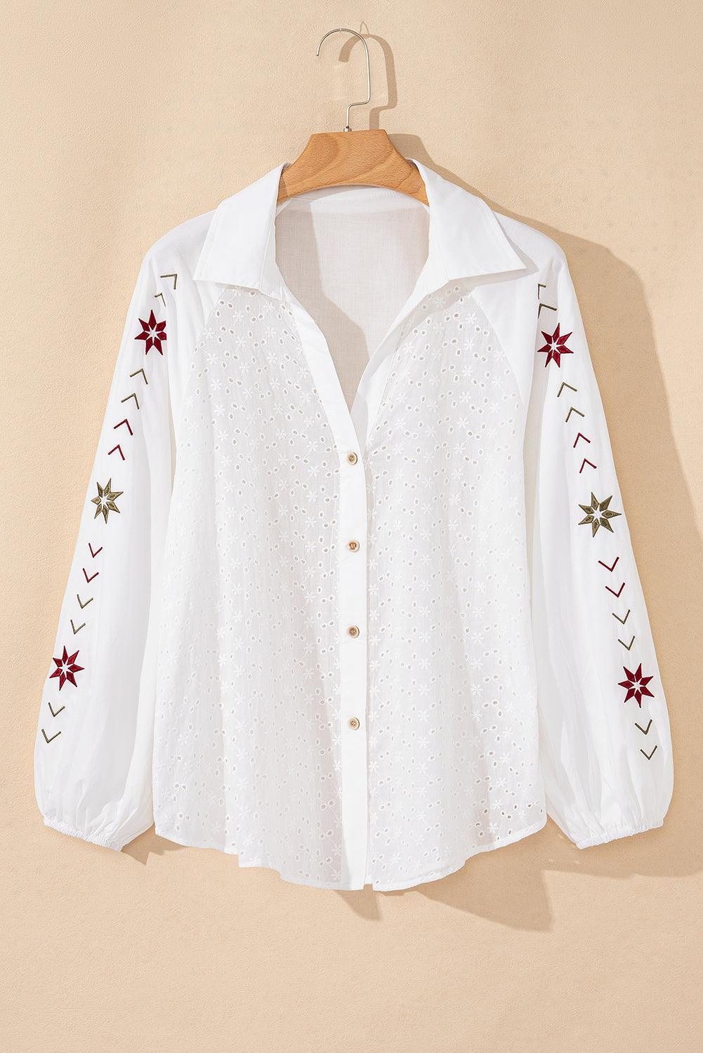 White Shirt Embroidered Eyelet Collared Neck Long Sleeve Blouse 100% cotton ce4338da-bb73-46d7-864f-935b8825b853-Max Trendsi