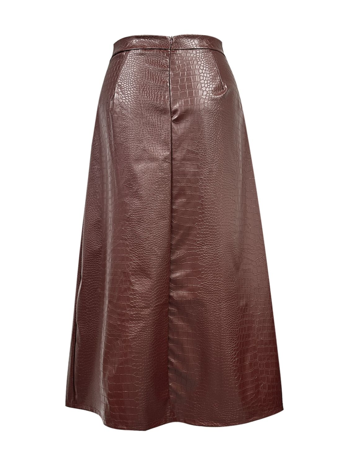 Midi Skirt Faux Leather Croco Pattern High Waist Back Zipper Skirts