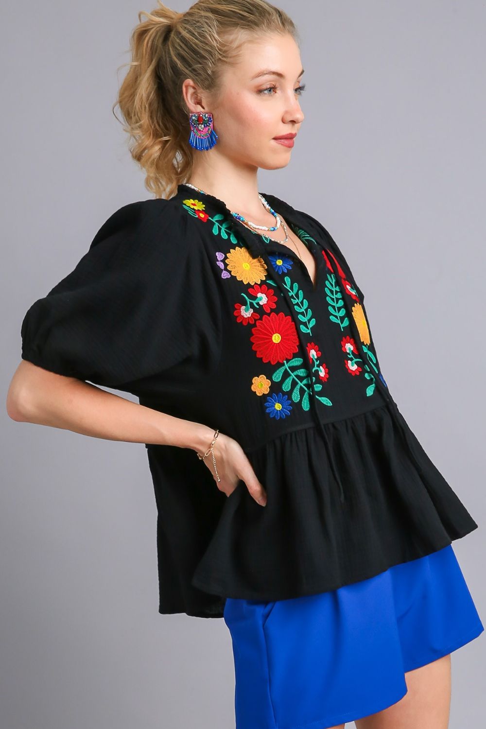 Umgee Babydoll Blouse Black Cotton Gauze Floral Embroidery Short Sleeve ce653b80-86f9-4653-8748-d7011bf39a12-Max Trendsi