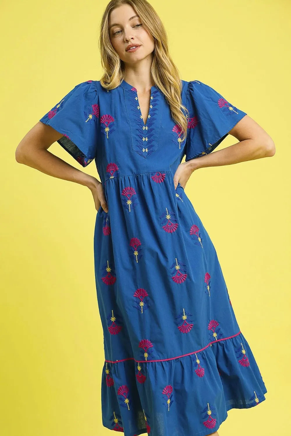 Umgee Midi Dress Dark Blue Flower Embroidered Tiered Ruffle Short Sleeve ce690735-4b4a-4db1-803d-da95cab4ef1d-Max-Origin Trendsi