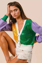 BiBi Sequin Sweater Cardigan Mardi Gras Color Block Buttoned Long Sleeve ce6dad616587408084442bec3c70c297-Max-Origin Trendsi