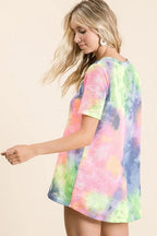 BiBi Tie Dye Print Womens T-shirt Low Gauge Deep U Neck Top ce7150adf3174696982b0b86a71b13bd-Max-Origin Trendsi