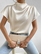 Satin Blouse Mock Neck Pleated Short Sleeve Basic Style Top ce72b05a-ba6f-4de4-acb0-7614e54be7dd-Max-Origin Trendsi