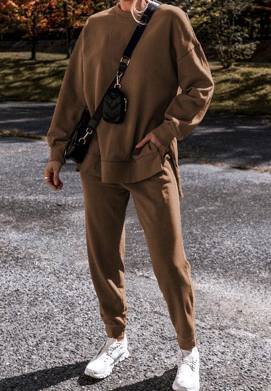 Outfit Set Side Slit Round Neck Long Sleeve Top and Pants Set ce812106-9691-4ffb-bb1a-23e8f14ef09a-Max Trendsi