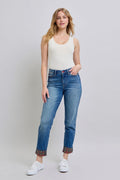 Judy Blue Women Jeans Plaid Print Cuff Straight Leg Blue Pants with Pockets Medium ce826031-1662-4b76-ae0d-09c98bec18c6-Max Trendsi