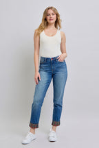 Judy Blue Women Jeans Plaid Print Cuff Straight Leg Blue Pants with Pockets Medium ce826031-1662-4b76-ae0d-09c98bec18c6-Max Trendsi