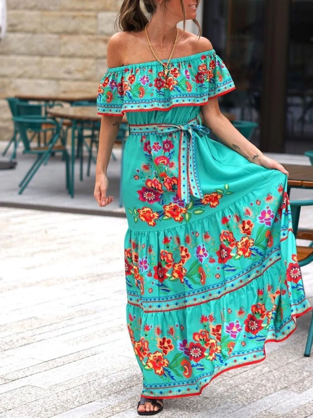Floral Maxi Dress Off Shoulder Ruffle Belted High Waisted Ruched Turquoise ce847d6f-5f29-4aaa-80fc-30e43818ed4e-Max-Origin Trendsi
