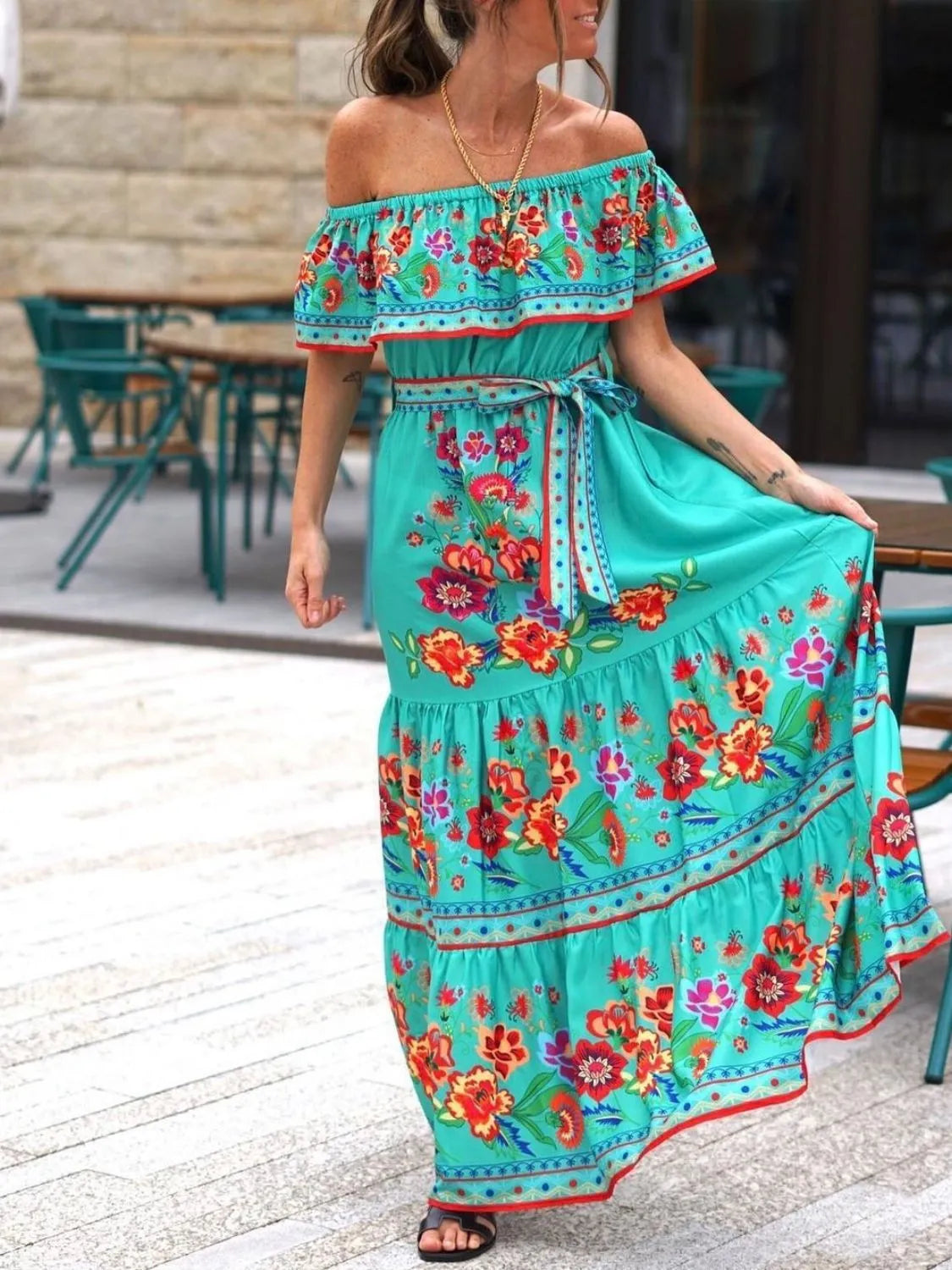 Floral Maxi Dress Off Shoulder Ruffle Belted High Waisted Ruched Turquoise ce847d6f-5f29-4aaa-80fc-30e43818ed4e-Max-Origin Trendsi