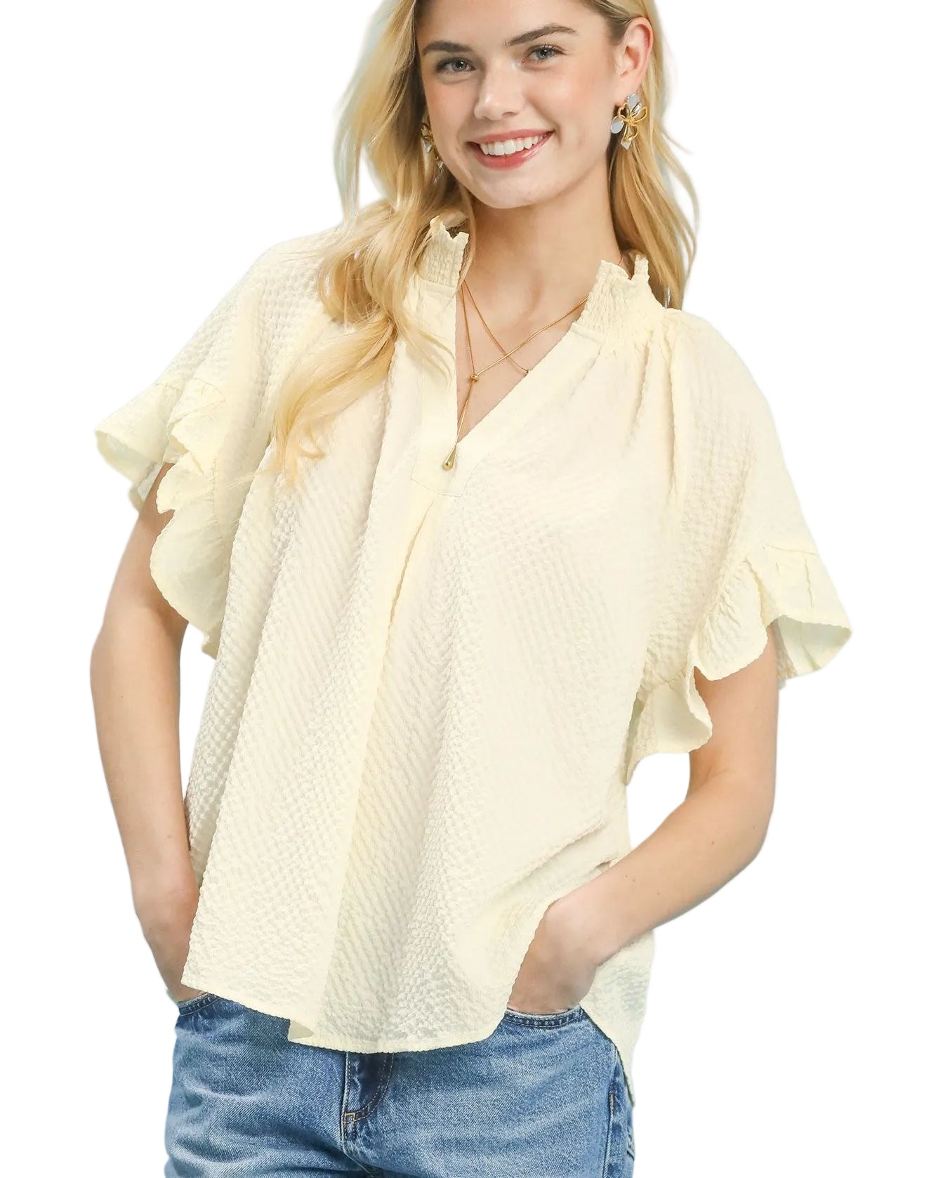 Umgee Textured Ruffle Sleeve Blouse