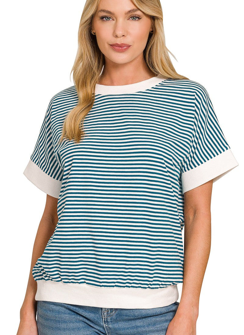 Zenana Stripe Contrast Trim Banded Bottom Top