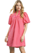 Umgee Seersucker Mini Dress with Puff Sleeves and Ruffle Collar