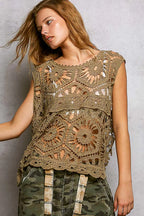 POL Crochet Tank Top Olive Floral Openwork Round Neck Blouse ce8ab522-87a5-42f6-84fb-373101cc8f7d-Max-Origin Trendsi