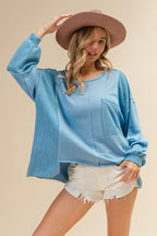 BiBi Women's Sweatshirt Oversized Pocket Front Blue Long Sleeve Top DENIM ce8ec38b44ed4efda27a1f3cdd6dc42f-Max-Origin Trendsi