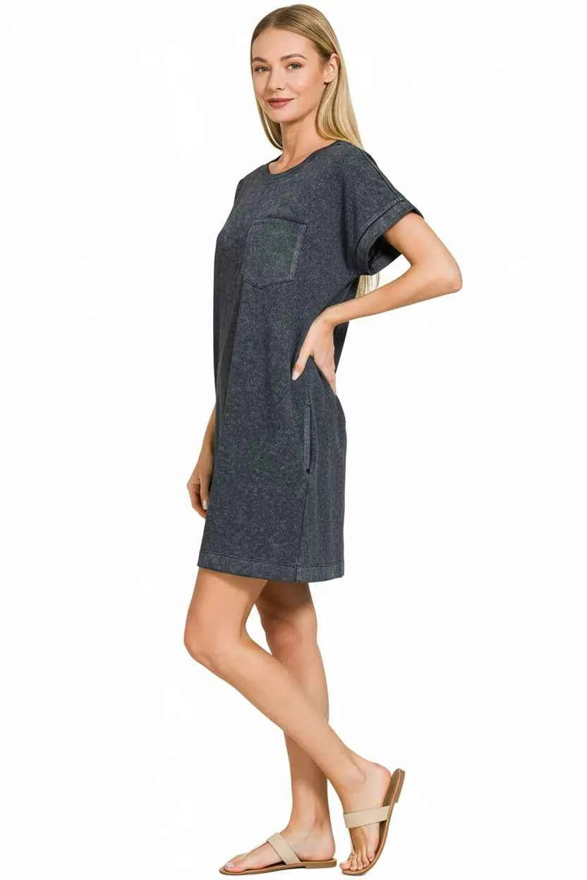 Zenana Premium Cotton Washed T-Shirt Dress Black Short Sleeve with Pocket ce8ef99f-37f0-459a-98d5-c1830358e474-Max-Origin Trendsi