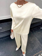 Round Neck Long Sleeve Top and Pants Set - Two-Piece Outfit