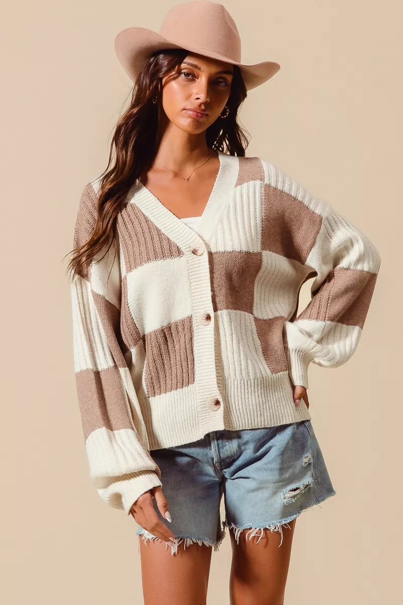 SO ME Checkered Button Front Ribbed Sweater Cardigan COFFEE IVORY ce98e438eb0d4577ba95d3df26253746-Max-Origin Trendsi