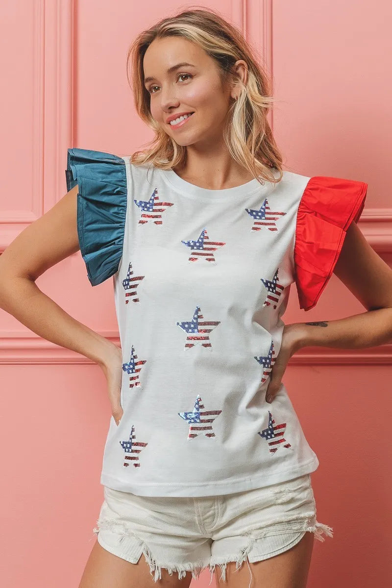 BiBi American Flag T-shirt Women's Sequin Stars Cotton Top ce98f9578b084c749a46bea4ce85bc5c-Max-Origin Trendsi