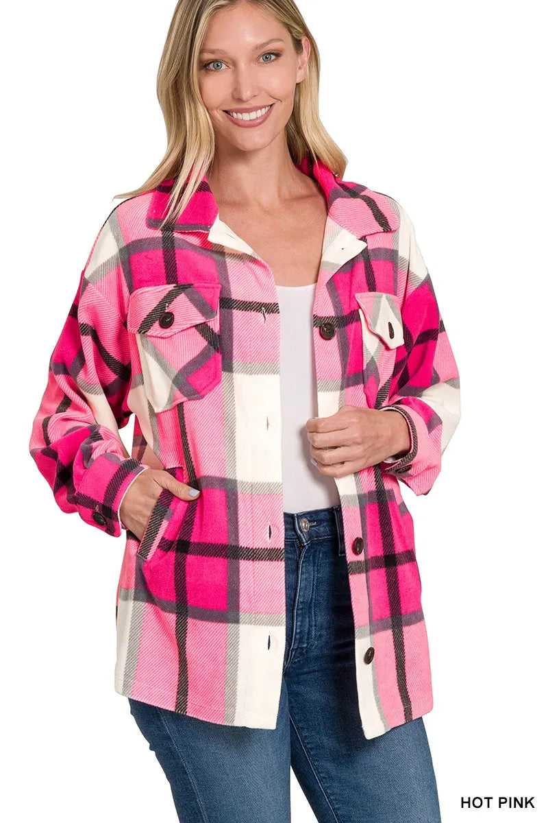 Zenana Oversized Women's Shacket Plaid Fleece Hot Pink Pocketed cea654a2681a40629c00b32c7cacd25a-Max-Origin Trendsi