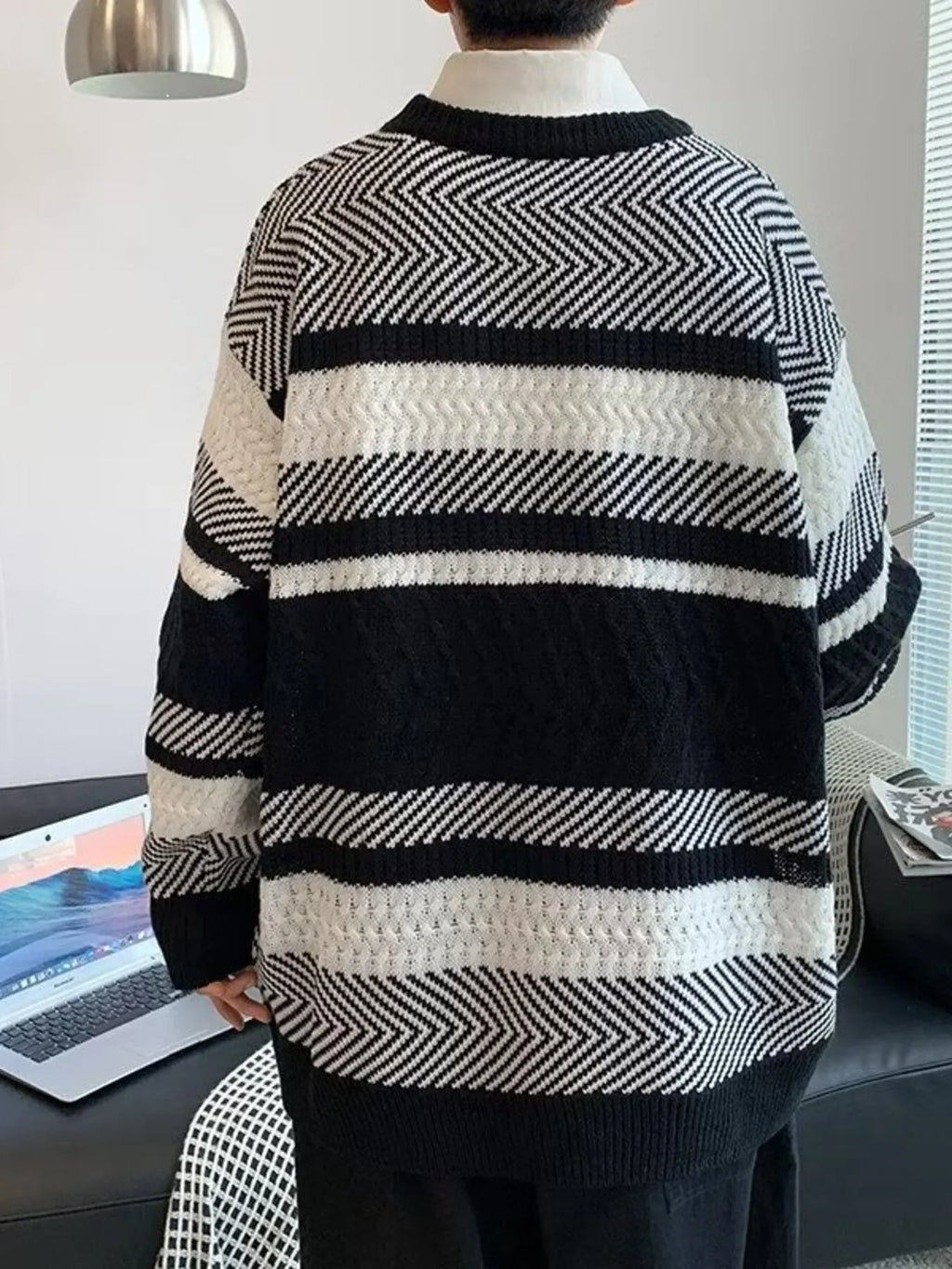 Men's Striped Sweater Black White Textured Knit Oversized Pullover ceb4cfeb95054122be9961bfaadad957-Max-Origin Trendsi