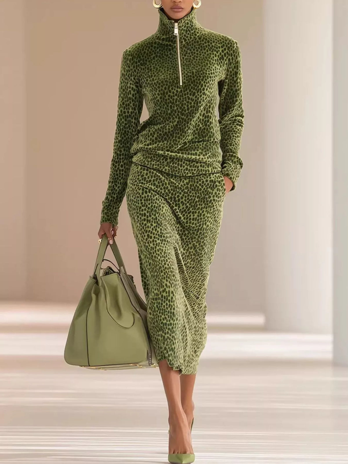 Mannequin portant un ensemble velours vert olive à imprimé léopard avec haut quart-zip et jupe midi, tenant un sac cabas vert sauge